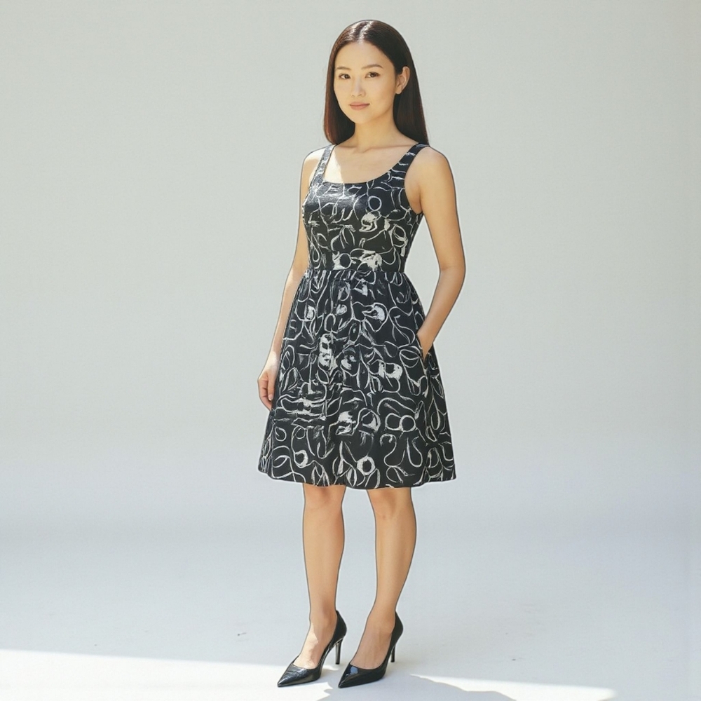 American Living Classic 50s FitNFlare Rockabilly Black & White Floral Dress, sz4